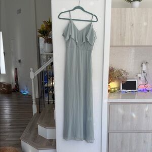 Birds Grey Chic Pastel Maxi Dress with Ruffle Details